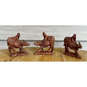 VTG Set of 3 Original Wood Carved Men & Bull Oxen Netsuki Sculptures Thailand